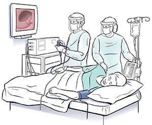 Two healthcare providers performing sigmoidoscopy on patient lying on side. Two health care providers performing sigmoidoscopy on patient lying on side.