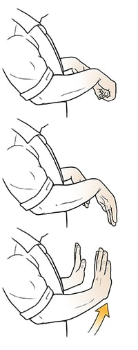 Three steps of man doing wrist stretch exercise.