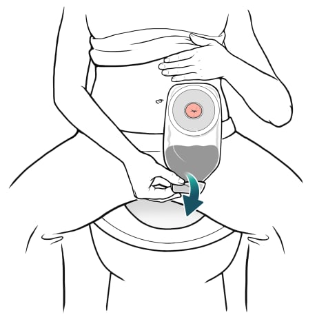 Person on toilet with one hand lifting shirt up and other hand holding bag tail over toilet bowl and bag tail unrolling.