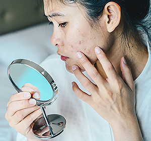 Woman looking in mirror.