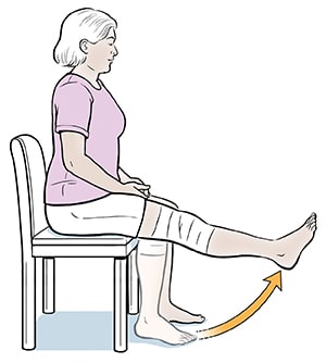 Person with bandage on knee sitting in chair doing sitting knee exercises.