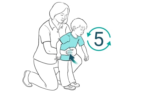 Adult kneeling behind child and adult wrapping arms around child's waist while pushing closed fist on child's upper abdomen, with other hand flat on fist. Arrow shows adult pressing in and up with fist.